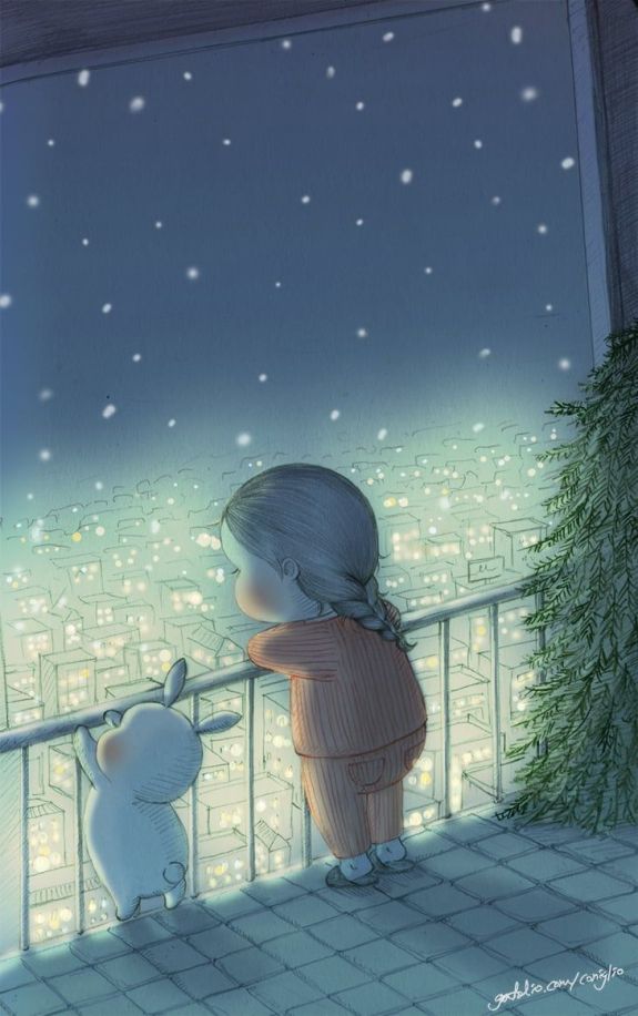 Girl and bunny gazing at the city of lights